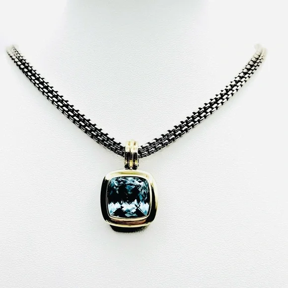 David Yurman Albion 14mm Blue Topaz Pendant Enhancer With Gold - Picture 2 of 6